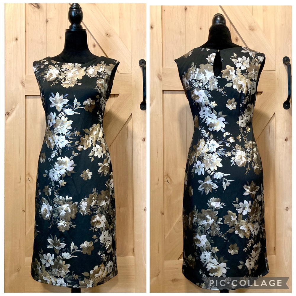 Black Silver and Gold Floral Print Sleeveless Sheath Dress Size Small Metallic